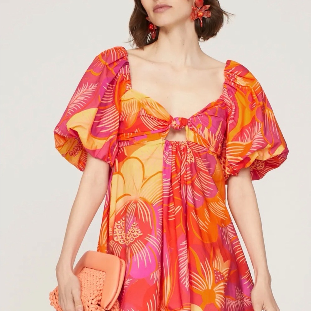 FARM Rio Coral-Orange Pink Floral Puff-Sleeve Tie-Front Tunic size medium